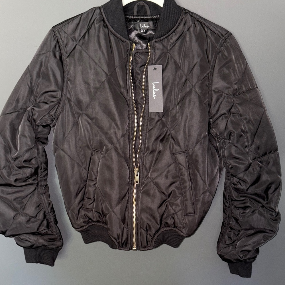 Lulus XS Quilted Black Bomber Jacket with gold zip